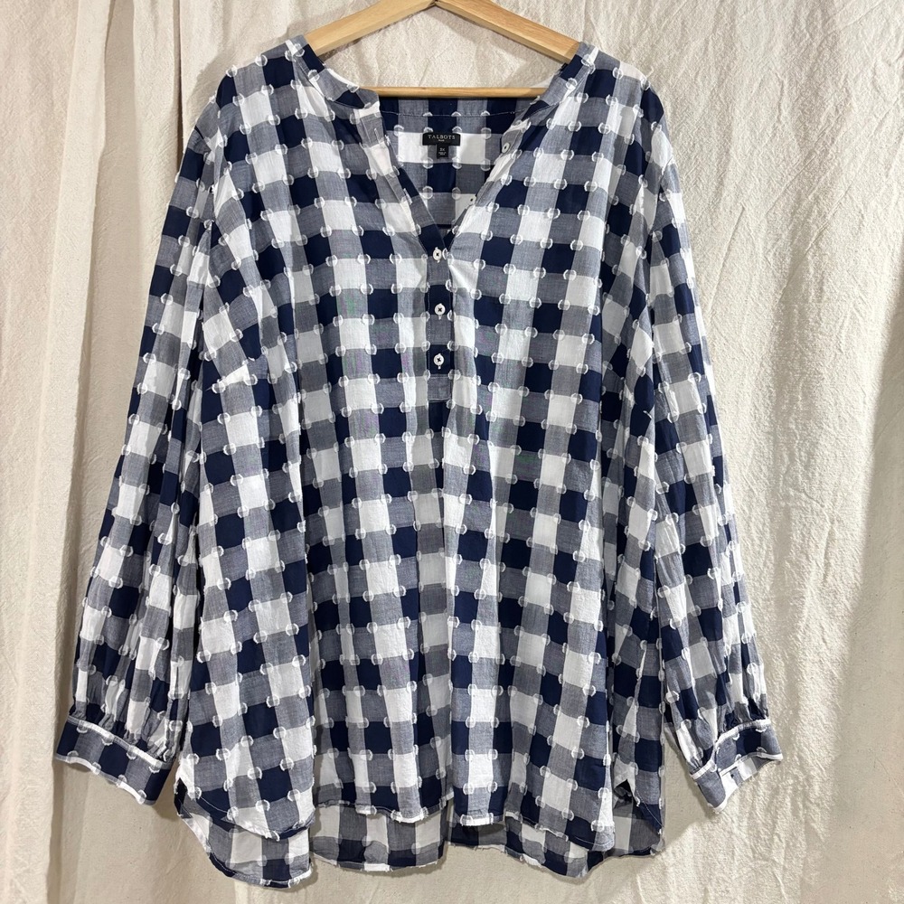 Talbots Plus 3X Gingham Cotton Dobby Blouse Navy White Long Sleeve Button Top